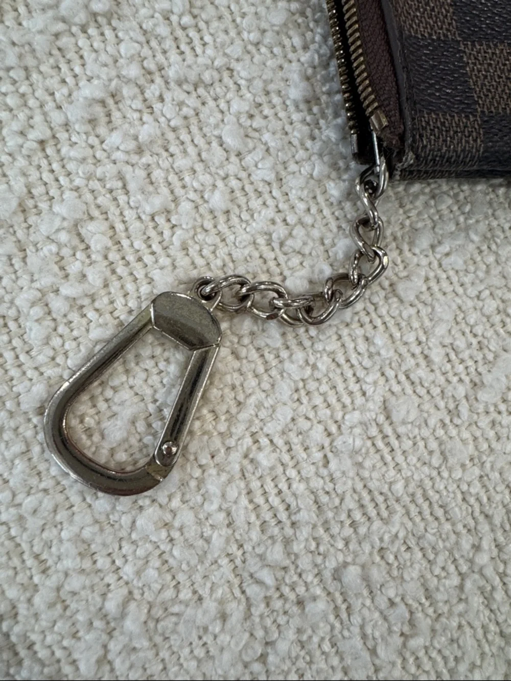 Brown Checkered Key Coin Pouch with Chain
